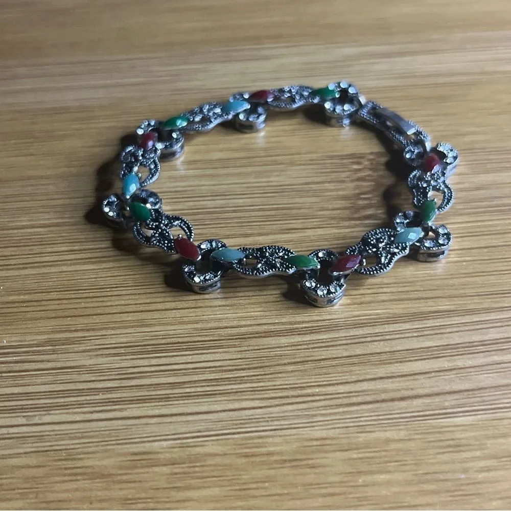 925 Silver Vintage Turquoise, Mother of Pearl, Onyx & Carnelian Bracelet